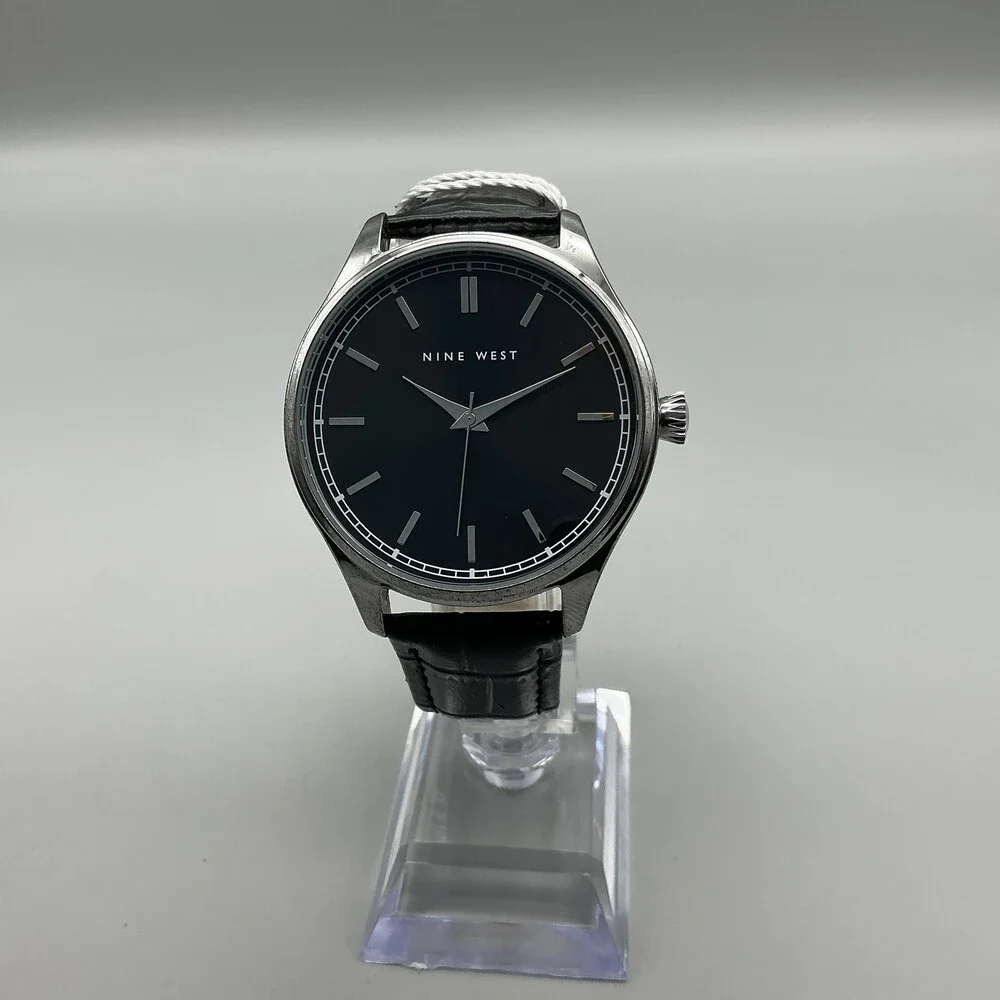 Nine West Womens Watch 42mm Silver Tone Black Dial Black Leather NWW2201W